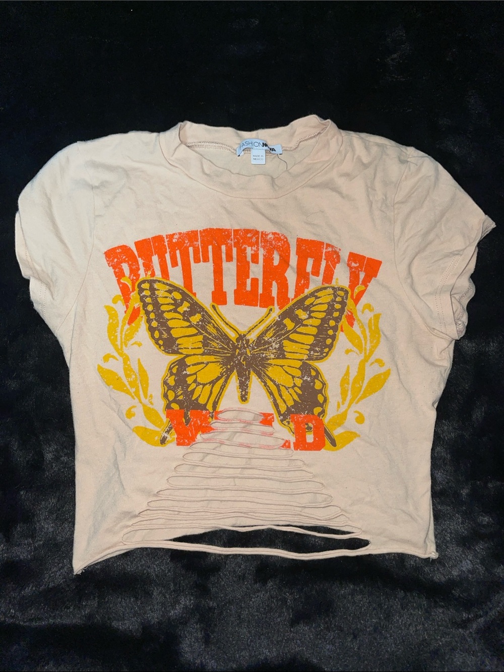 Fashion Nova Peach Crop Tee with Yellow & Orange Butterfly Graphic